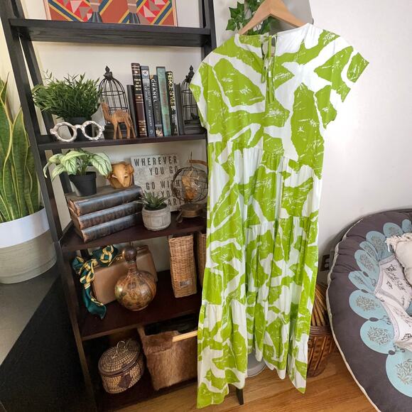 1. STATE Tiered Cotton Poplin Maxi Dress Green White Abstract Leaf Sz S {P34} - Picture 7 of 8